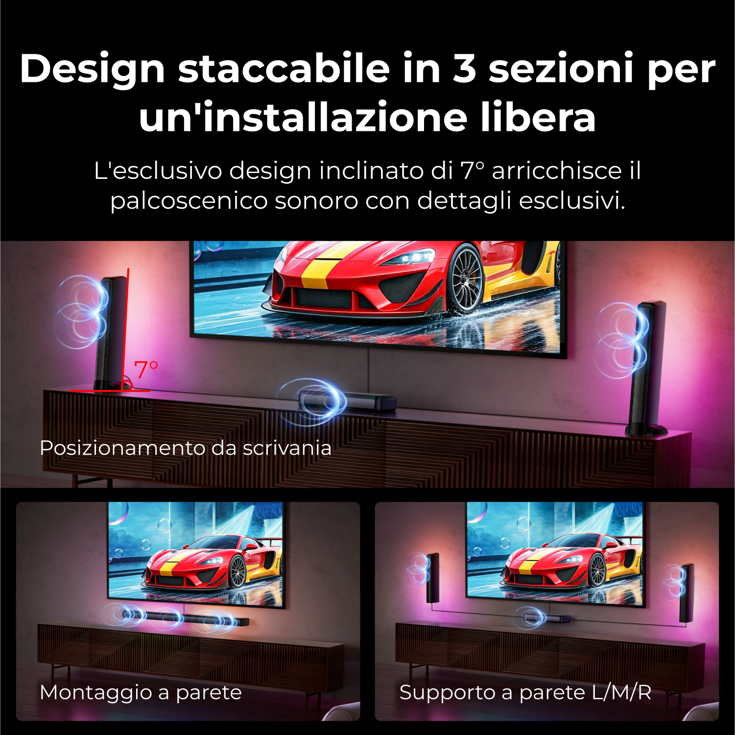 L'immagine mostra una TV con un gioco di corse automobilistiche. Gli altoparlanti sono posizionati su entrambi i lati. L'installazione ha tre opzioni.