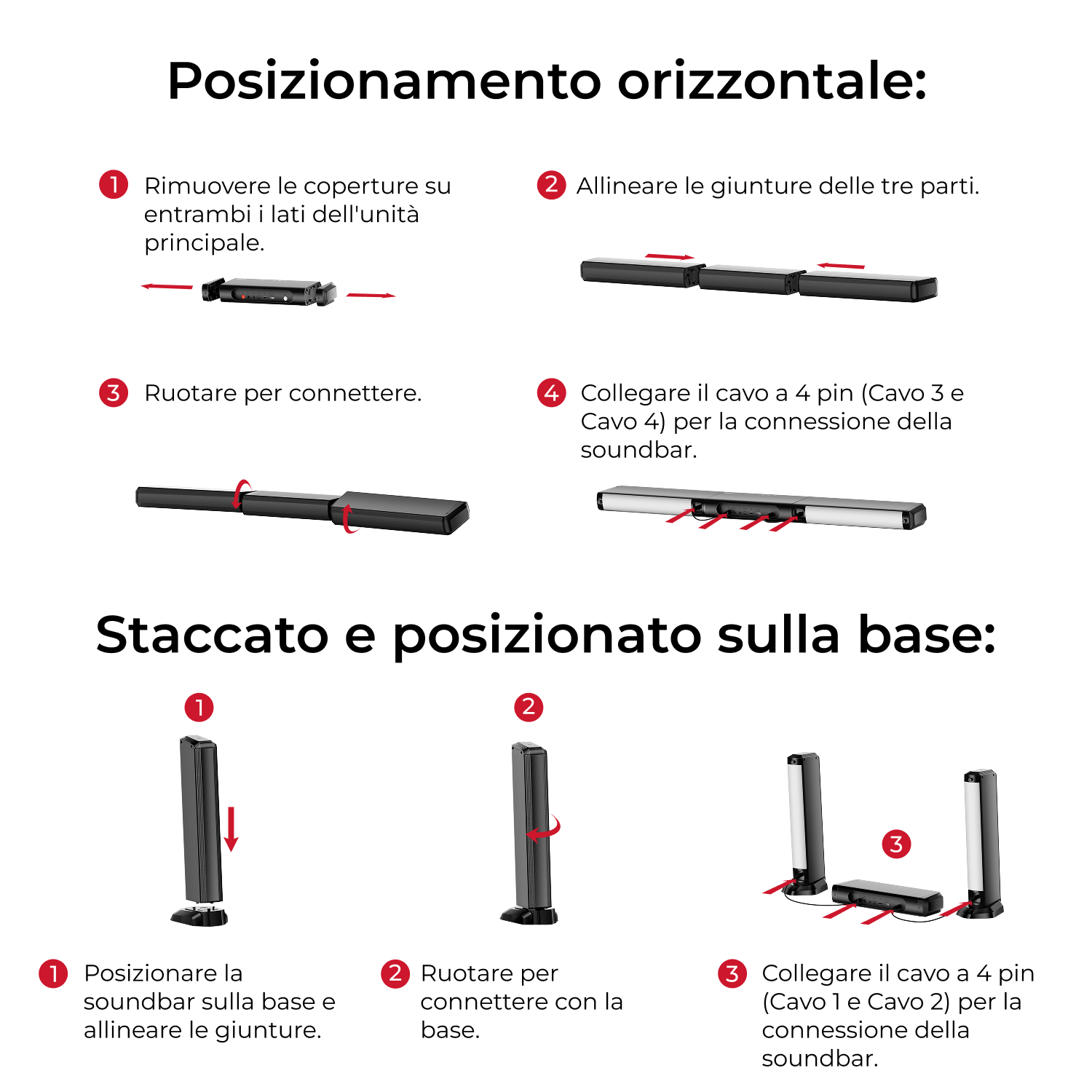 Diagramma che mostra come assemblare una soundbar. Include passaggi numerati e frecce.
