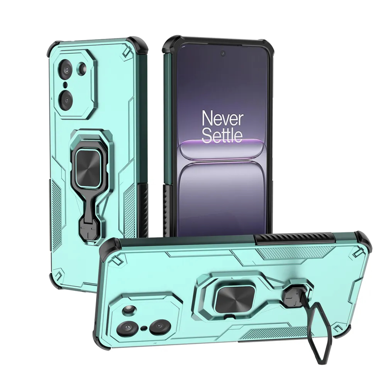 Trois coques de téléphone sous différents angles. Elles sont vertes et ont des supports d'anneau.
