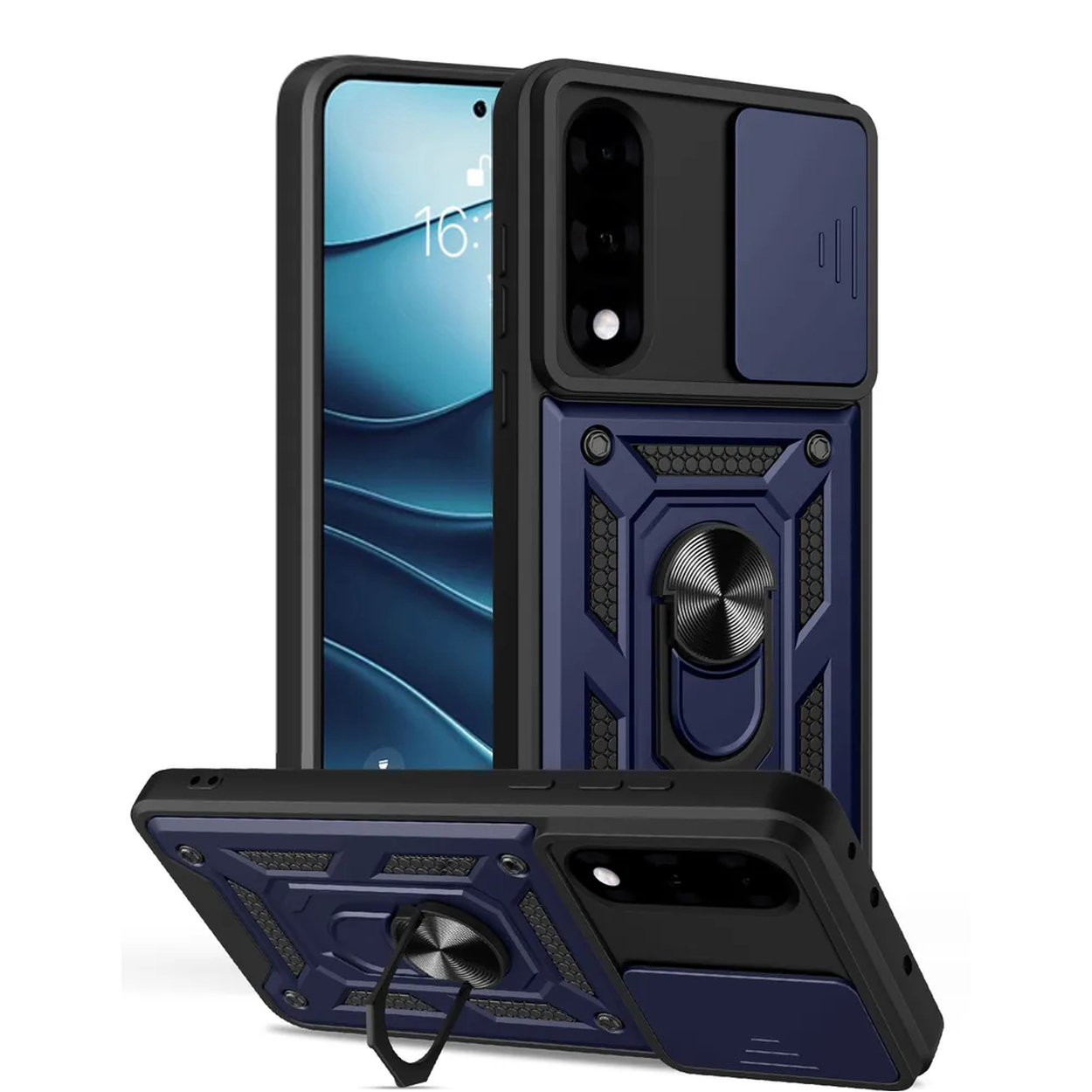 Drie zwart-blauwe telefoonhoesjes, met ringhouder en camerahoes.