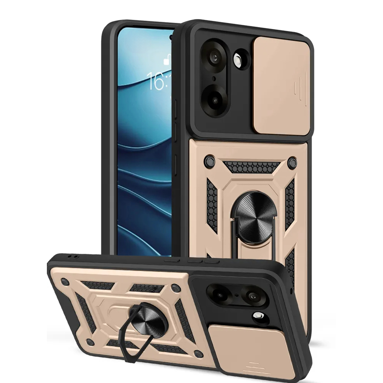 Une coque de téléphone dorée et noire. Elle possède un cache caméra coulissant, un support à anneau et un dos texturé.