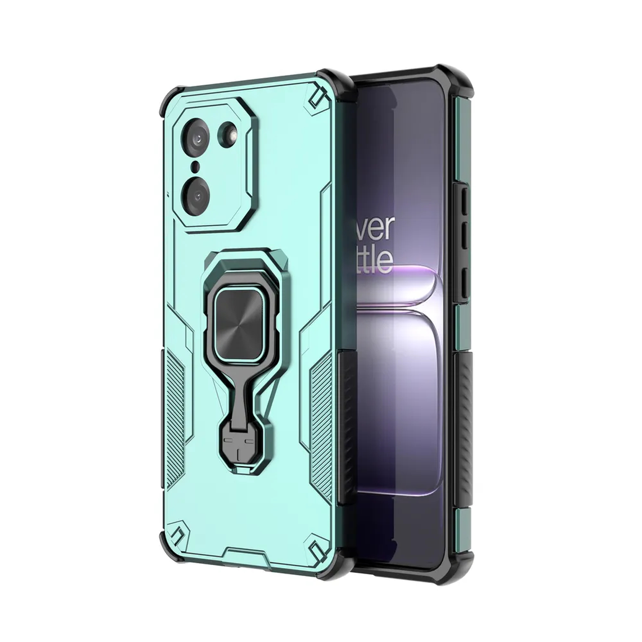Une coque de téléphone vert menthe avec support d'anneau, placée sur une surface noire. Un téléphone est à l'intérieur.