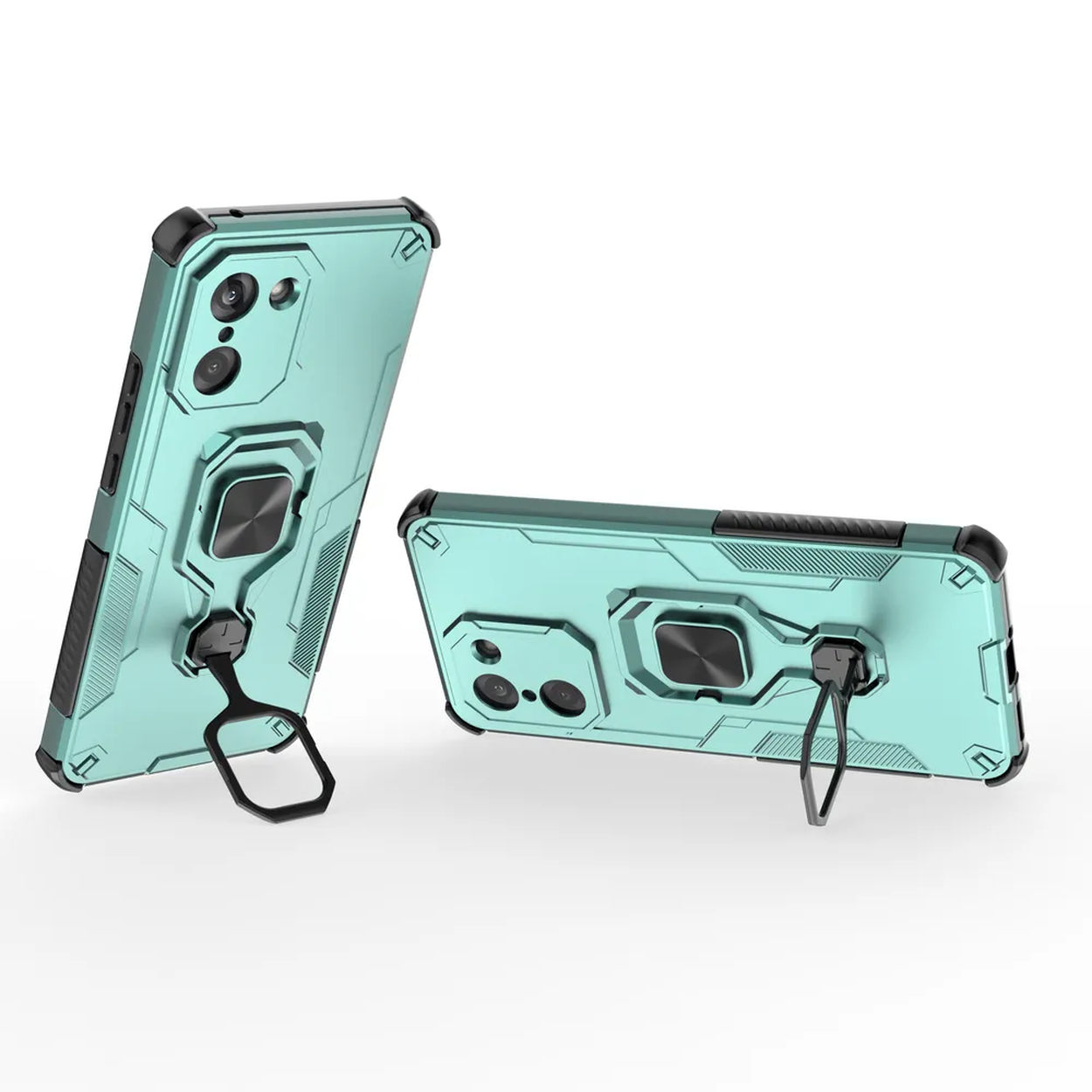 Deux coques de téléphone vert menthe avec des supports d'anneau. Elles sont placées côte à côte.