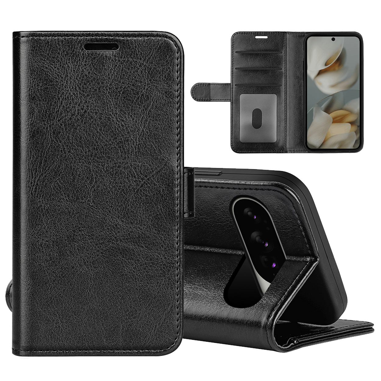 Un étui de téléphone noir, fermé, avec une texture cuir. L'étui a des emplacements pour cartes et un écran de téléphone ouvert à l'intérieur.