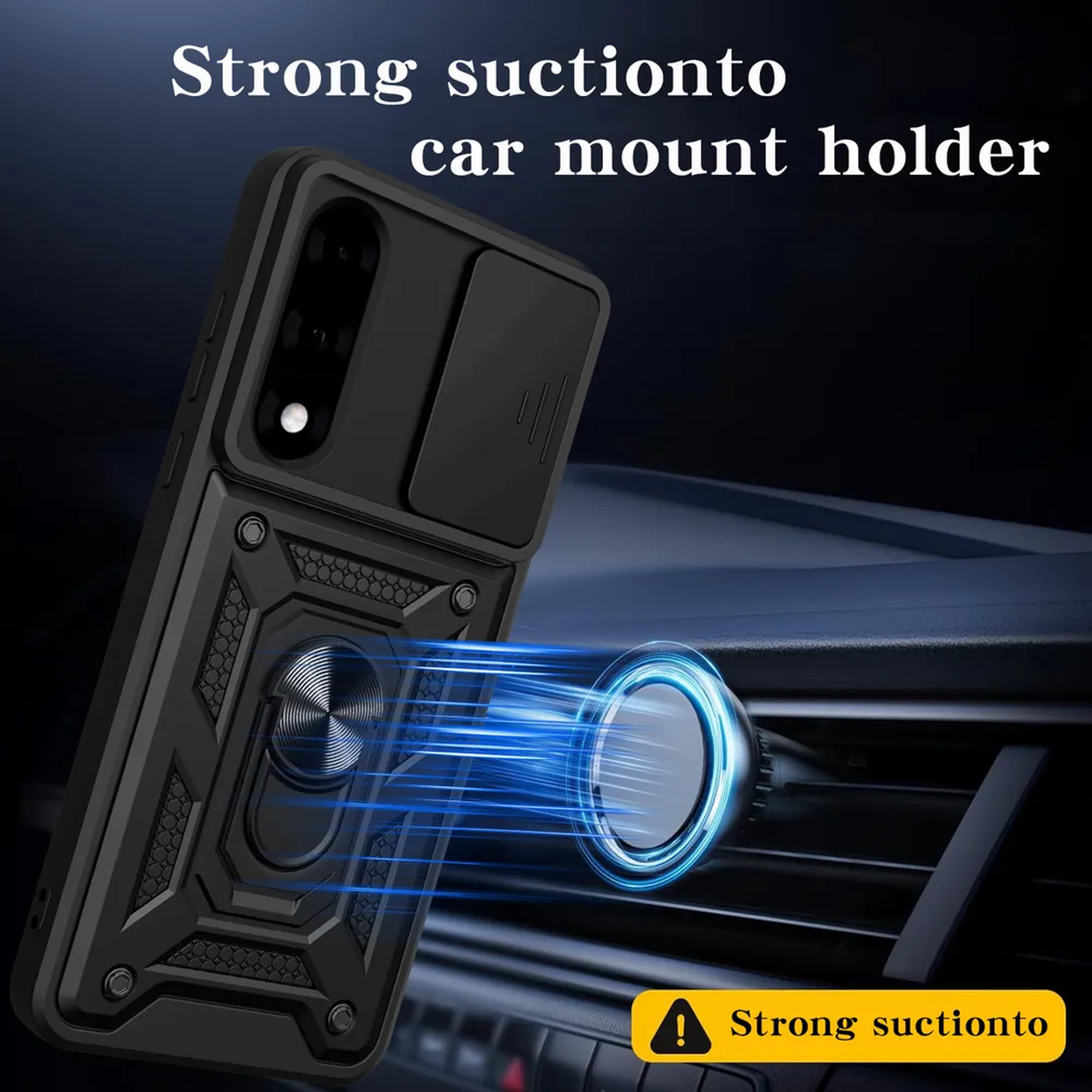 Een zwarte telefoonhoes met een ringhouder en een schuivende camerahoes. Hij is gemonteerd op een ventilatierooster in de auto.