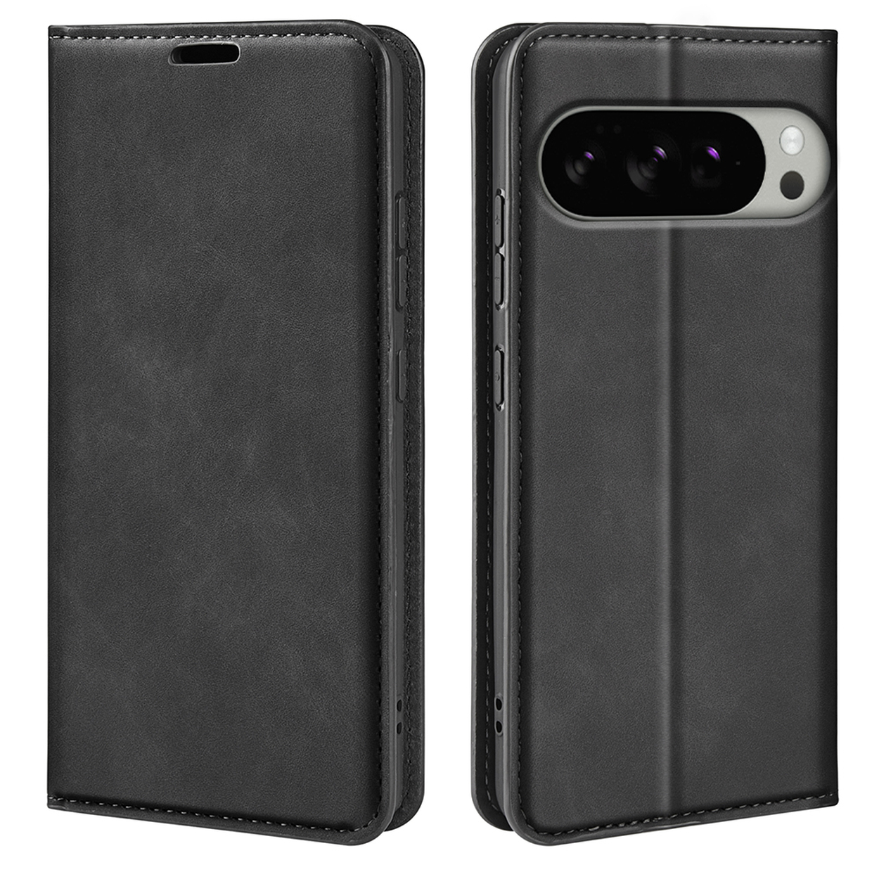 Étui de téléphone noir, fermé et ouvert, avec un téléphone à l'intérieur. L'étui a une fermeture magnétique et une fente pour cartes.