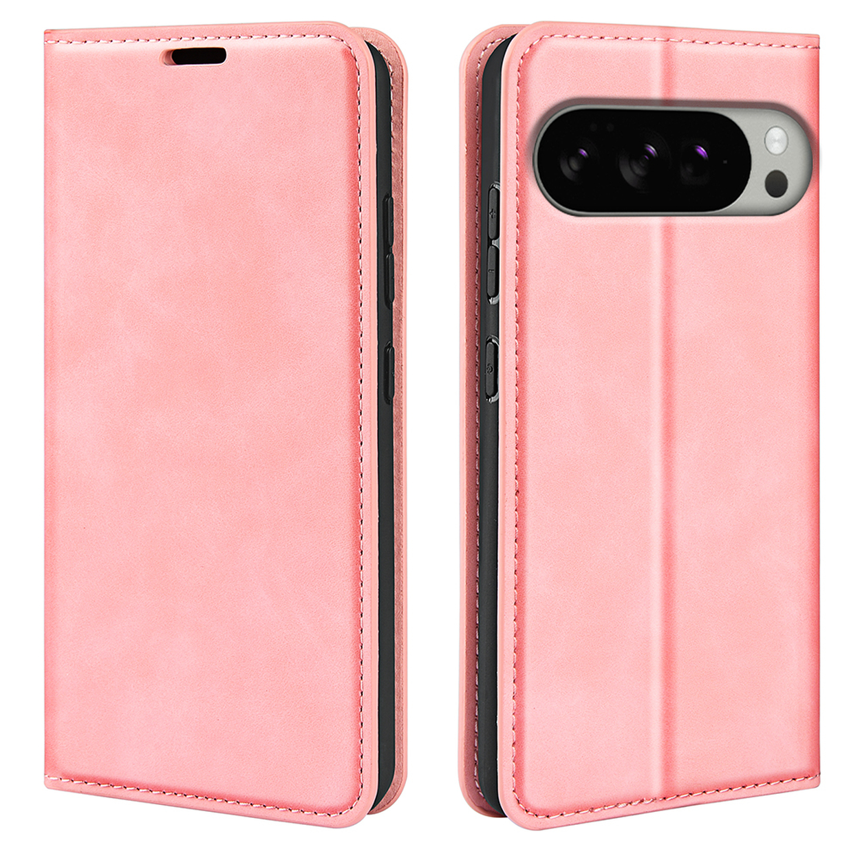 Étui de téléphone rose, fermé et ouvert, avec un téléphone à l'intérieur. L'étui a une fermeture magnétique et une fente pour cartes.