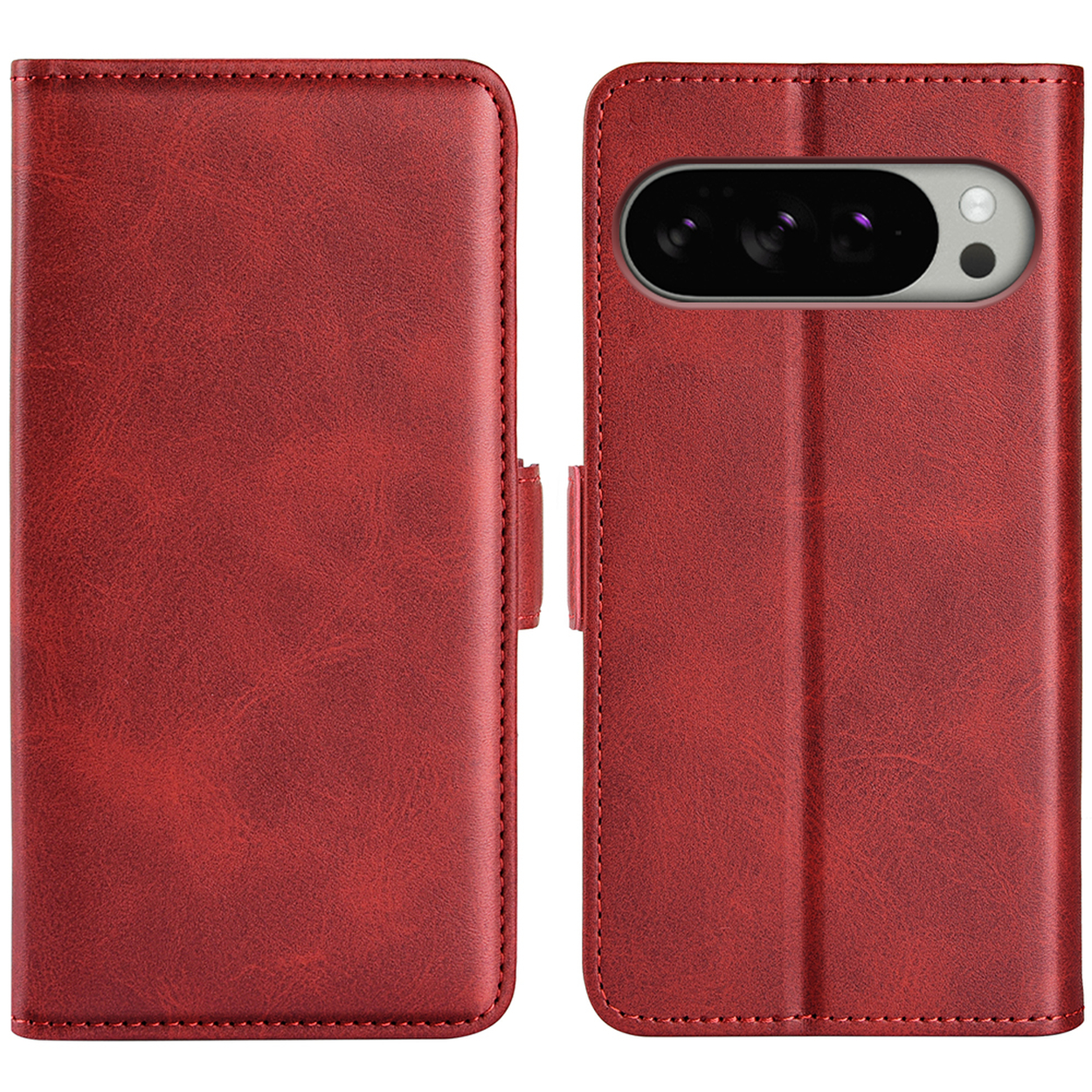 Een rode telefoonhoes met een lederachtige textuur. Hij is open en onthult een telefoonscherm en een sluiting.