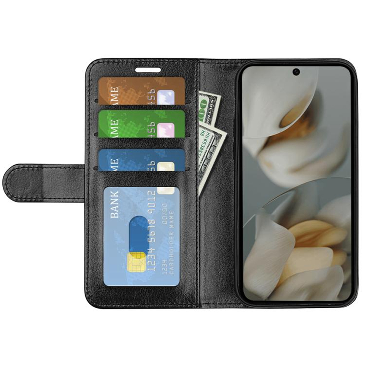 Étui de téléphone noir ouvert, affichant des cartes de crédit, des dollars américains et un smartphone avec un arrière-plan floral.