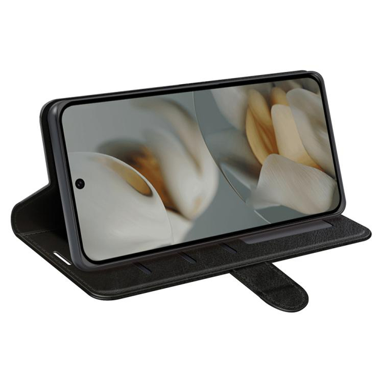 Étui de téléphone noir ouvert, avec un smartphone à l'intérieur. Le smartphone est incliné et a un fond floral.