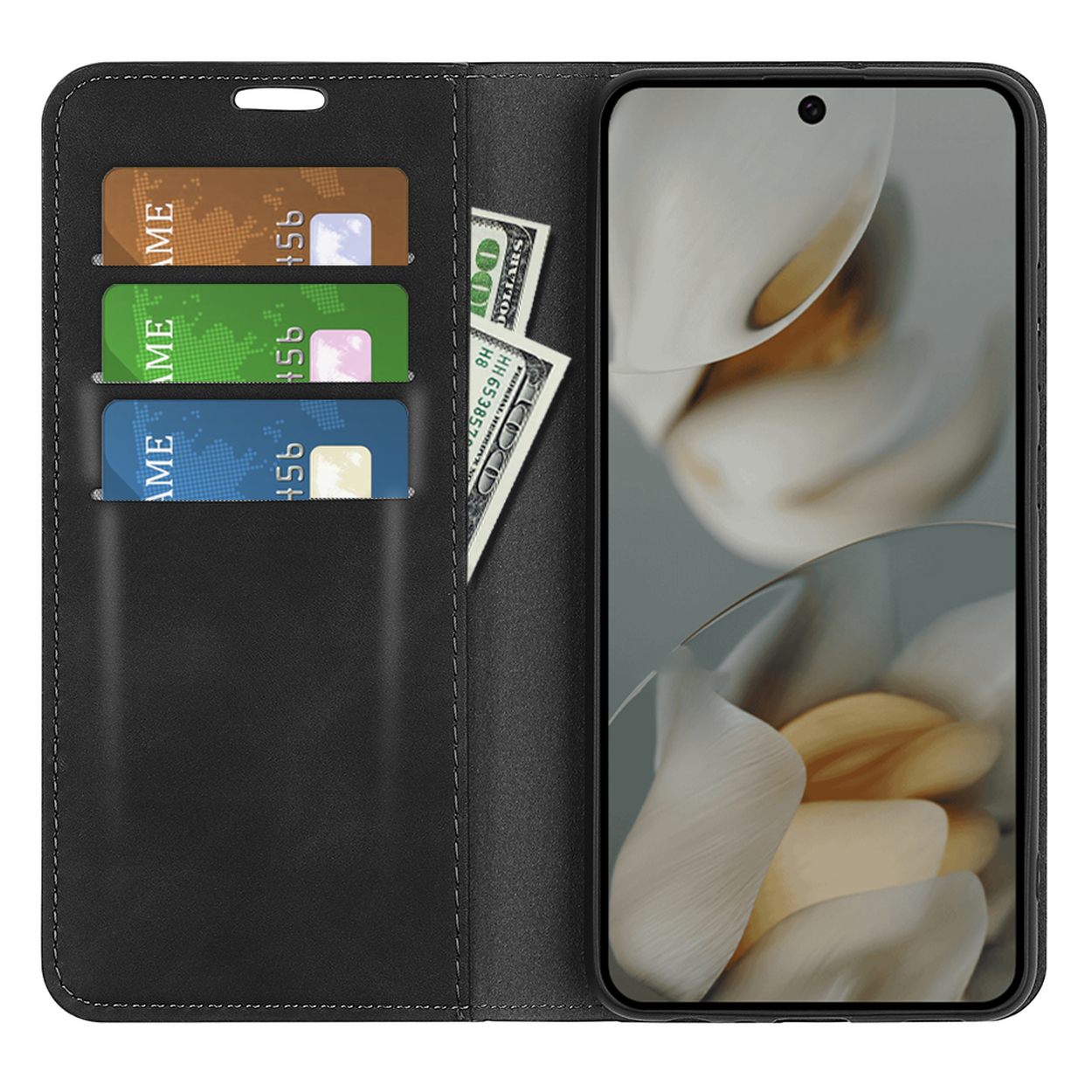 Étui de téléphone noir ouvert, affichant des cartes de crédit, des dollars américains et un smartphone avec un arrière-plan floral.
