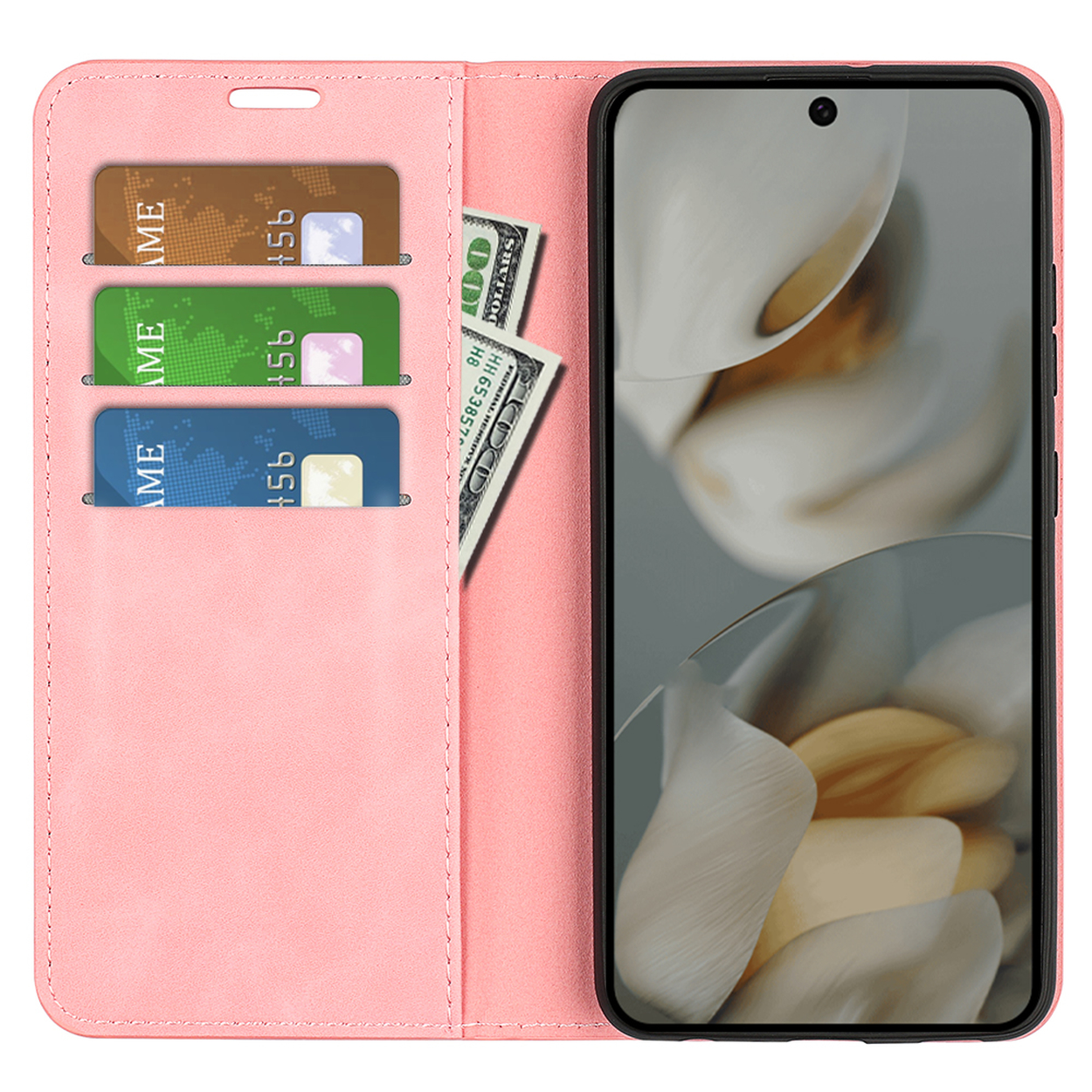 Étui de téléphone rose ouvert, affichant des cartes de crédit, des dollars américains et un smartphone avec un arrière-plan floral.