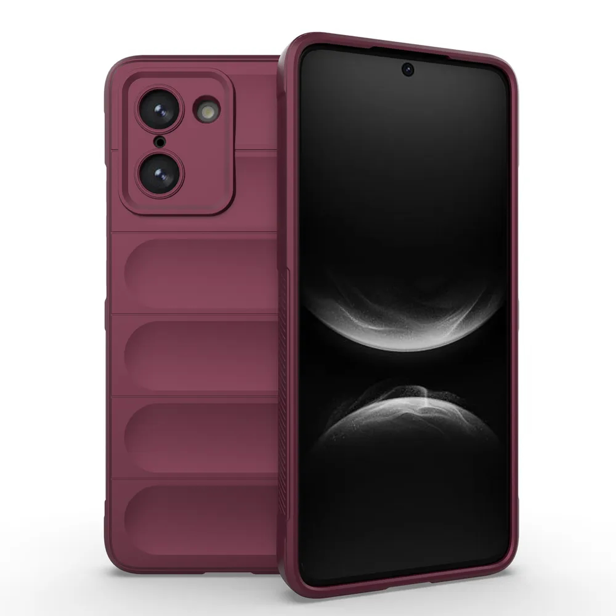 Une coque de téléphone bordeaux avec un dos texturé. Le téléphone est à l'intérieur, affichant l'écran.