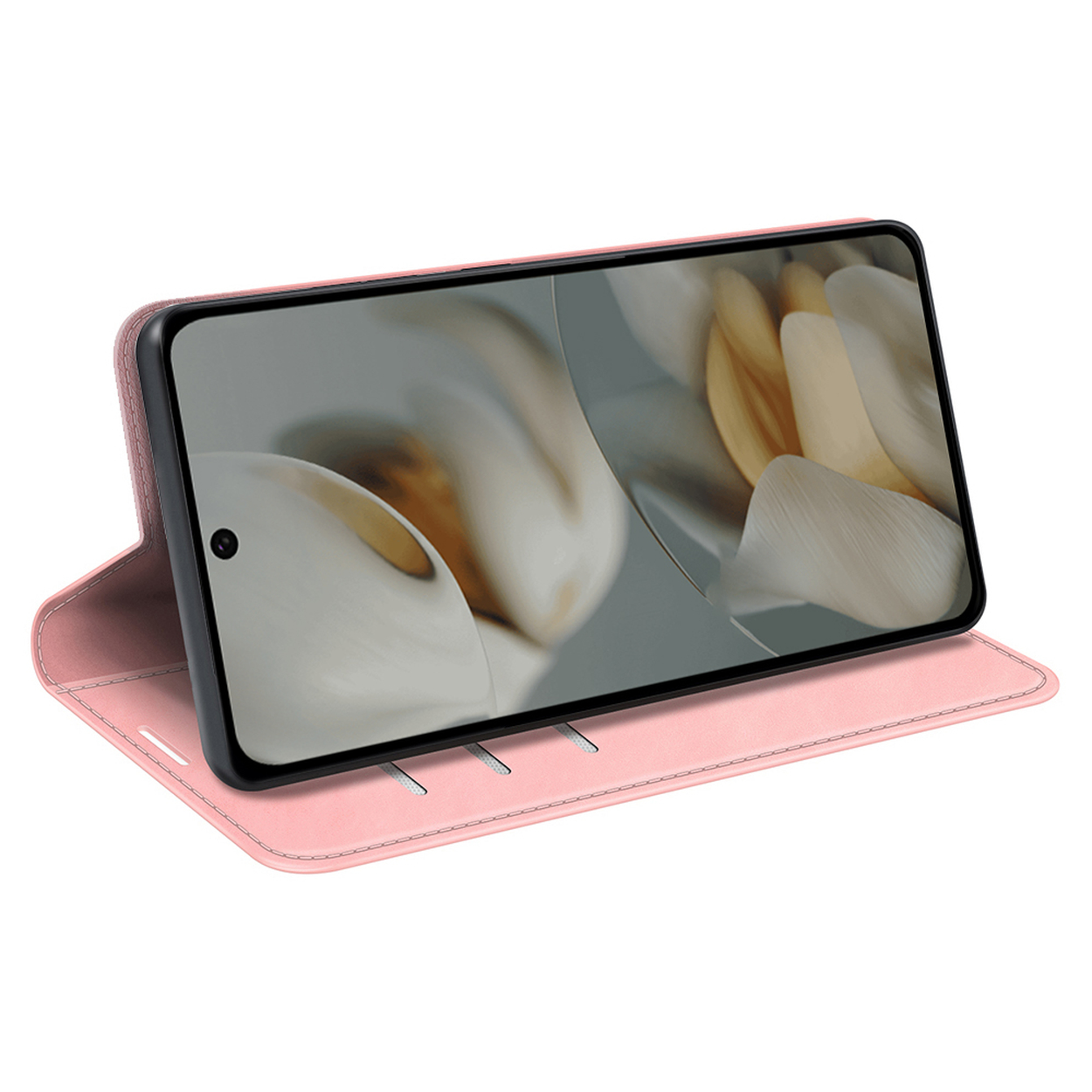 Une coque de téléphone rose, ouverte, affichant un téléphone. Le téléphone est en position de support.
