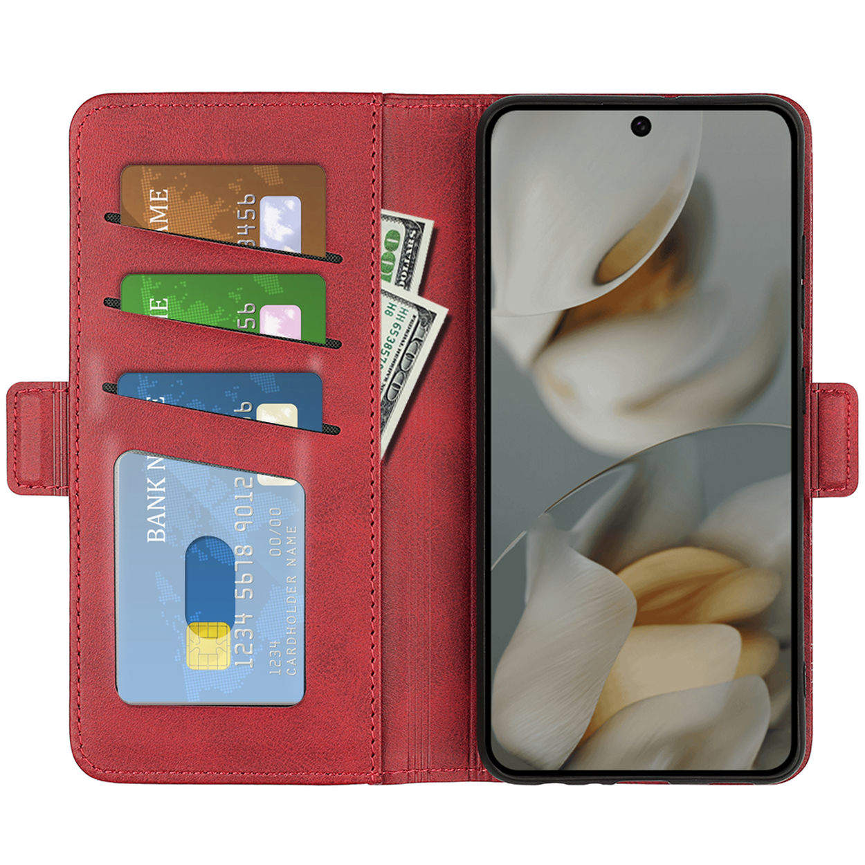 Rode telefoonhoes open, met creditcards, Amerikaanse dollars en een smartphone met een bloemenachtergrond.