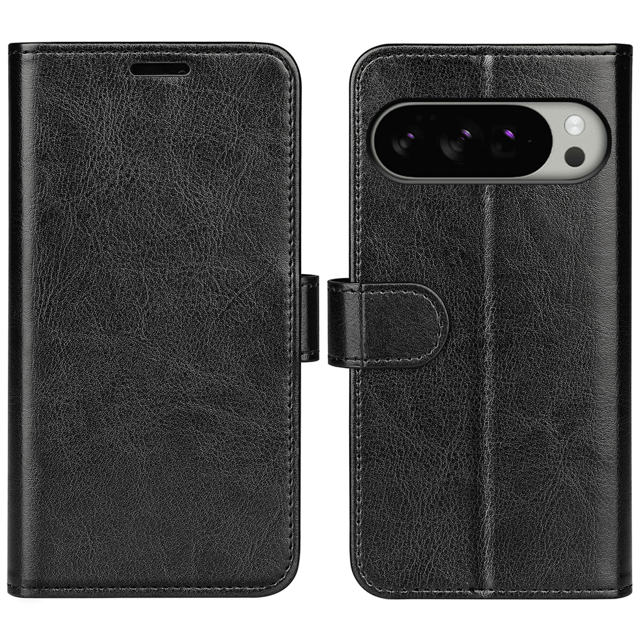 Une coque de téléphone noire, ouverte, avec un téléphone à l'intérieur. L'étui a une texture simili cuir.