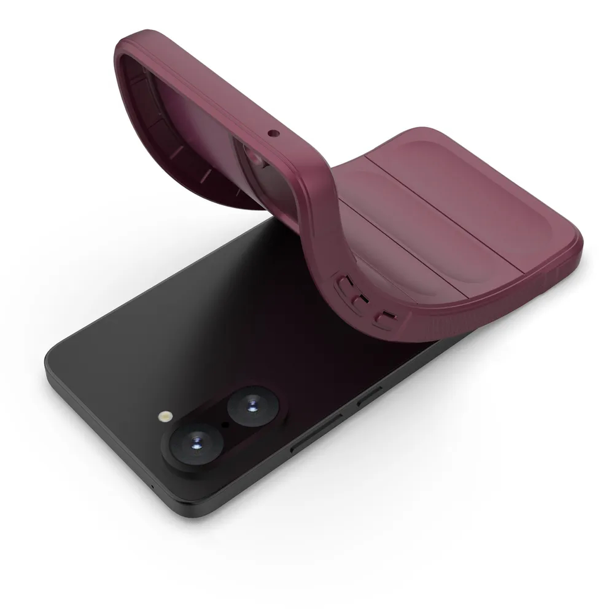 Un étui de téléphone avec un téléphone à l'intérieur, l'étui est de couleur bordeaux et le téléphone est noir.