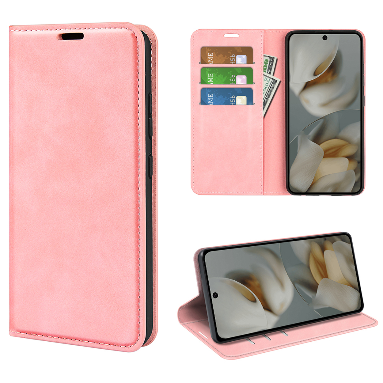 Un étui de téléphone en cuir rose, affichant un téléphone avec des cartes et de l'argent à l'intérieur.