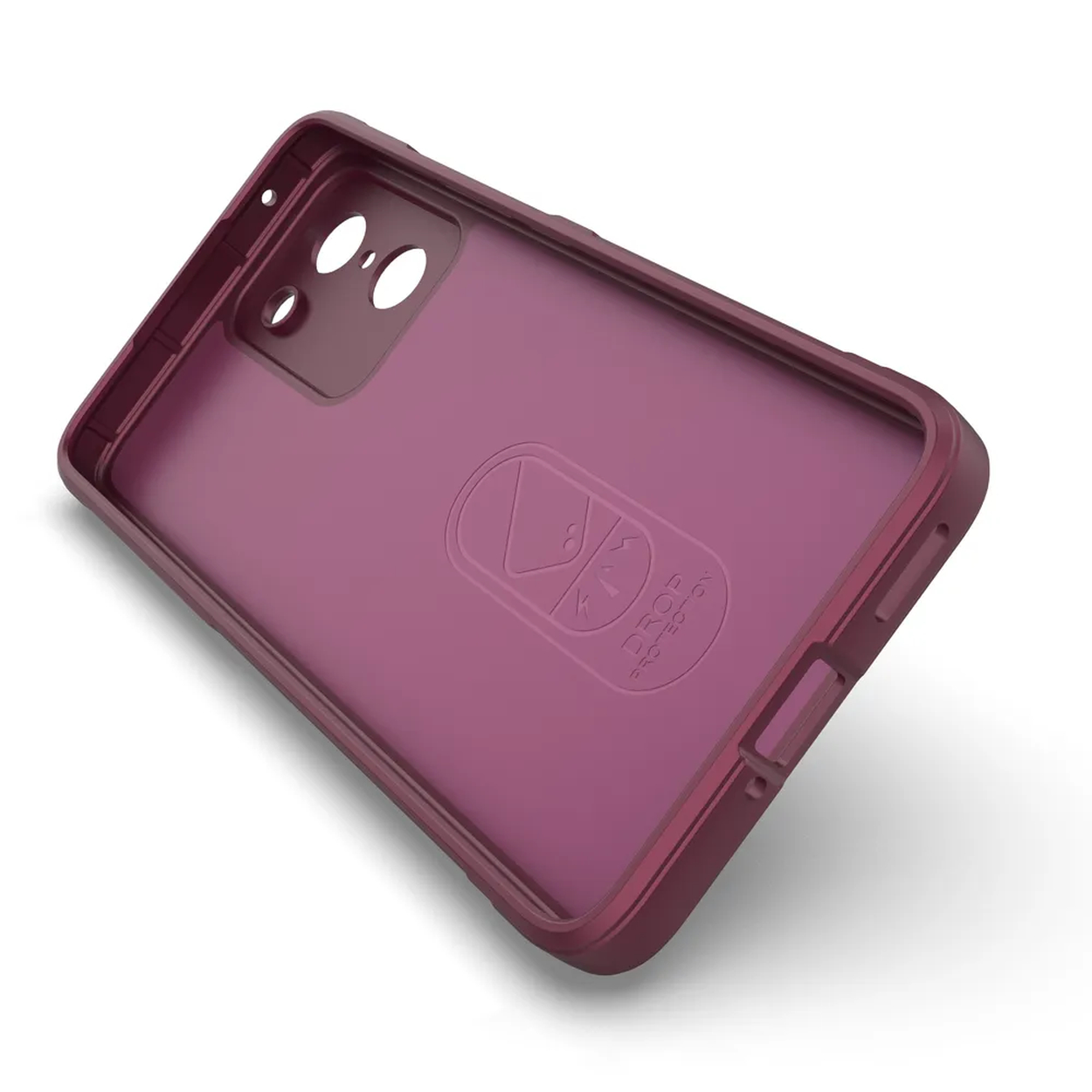 Une coque de téléphone bordeaux, vue de l'intérieur, avec le logo de protection contre les chutes.