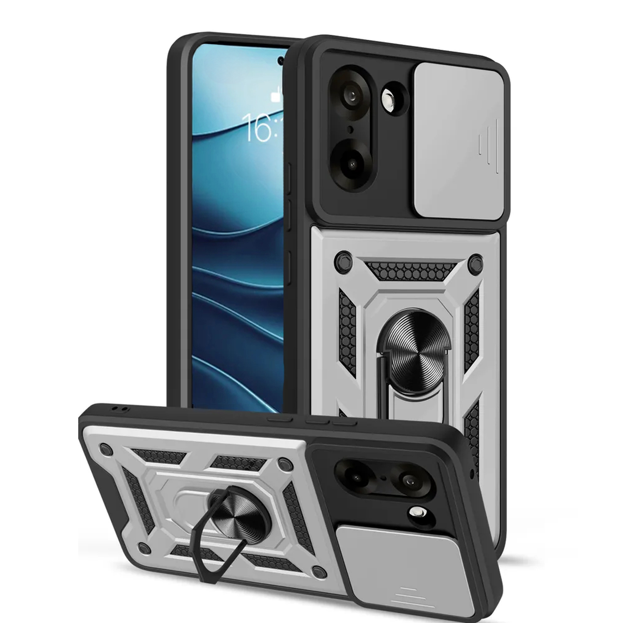 Een telefoonhoesje met een ringhouder en een schuifbare camerahoes. De hoes is zwart en zilver.