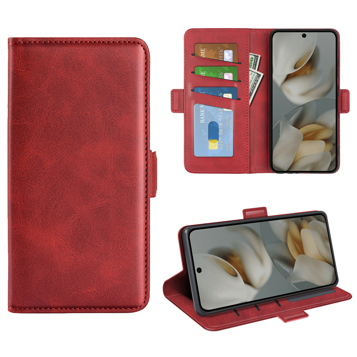 Een rode leren telefoonhoes, met een telefoon met kaarten en geld erin.
