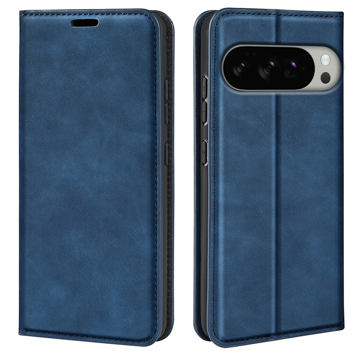 Un étui de téléphone en cuir bleu, montrant un téléphone à l'intérieur, avec l'étui fermé et ouvert.