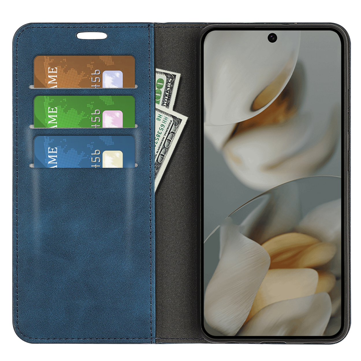 Un étui de téléphone bleu ouvert pour afficher un téléphone, des cartes et de l'argent.