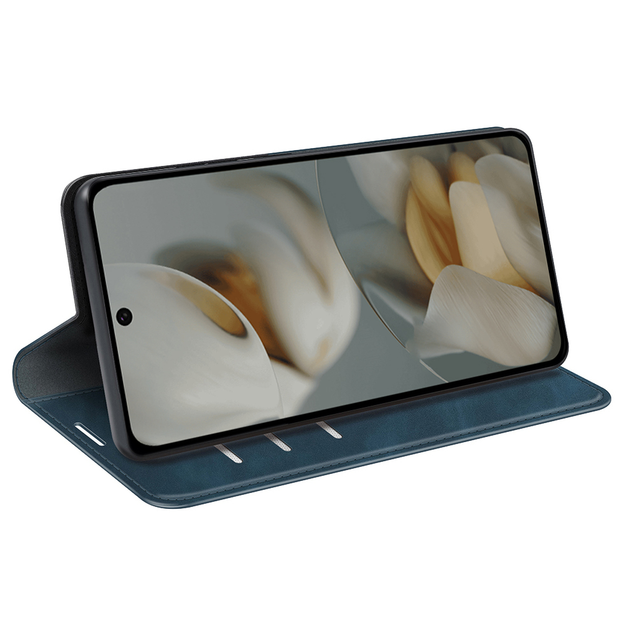 Une coque de téléphone bleu sarcelle avec un téléphone à l'intérieur, ouvert, montrant l'écran.