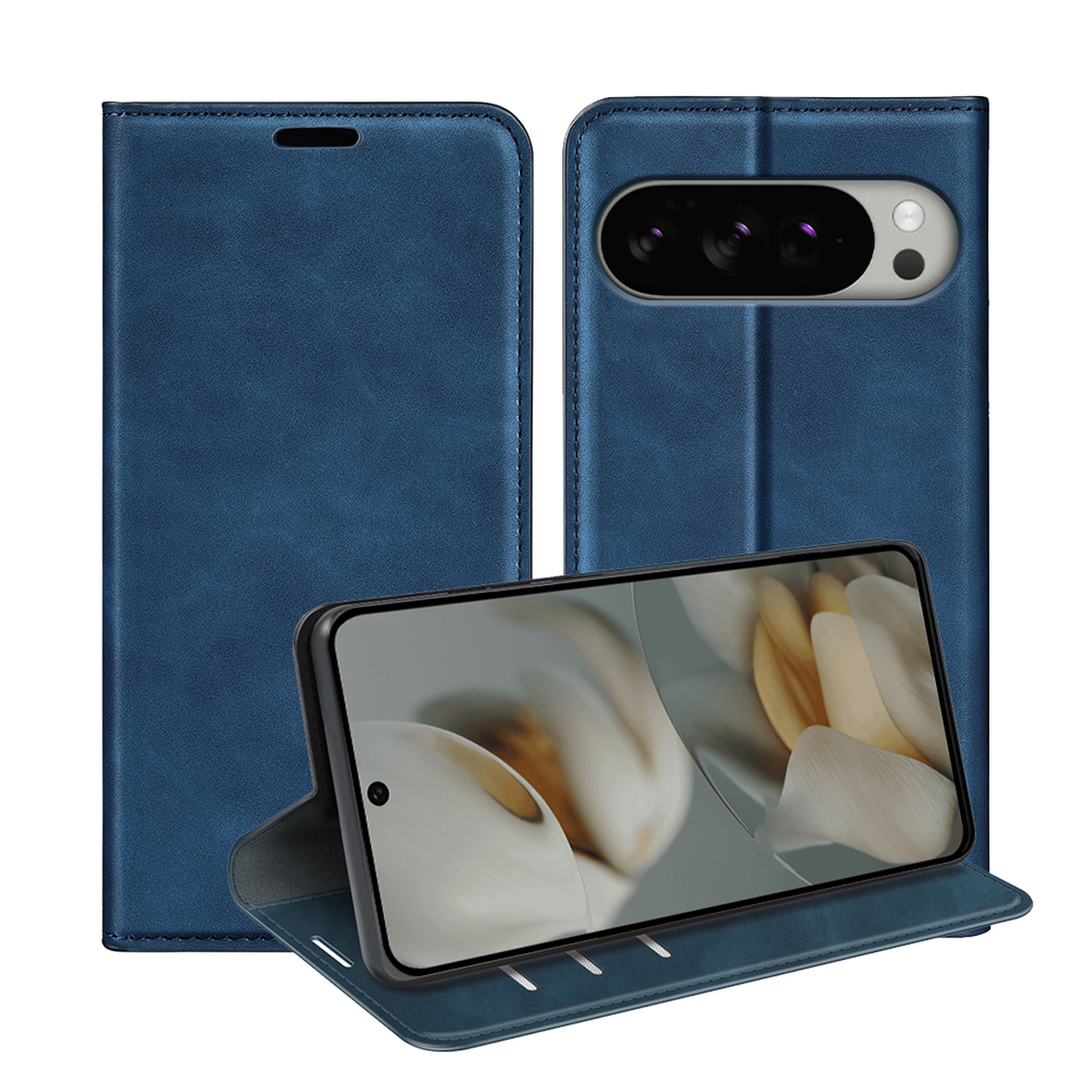 Un étui de téléphone en cuir bleu montrant un téléphone à l'intérieur, ouvert, sur une surface blanche.