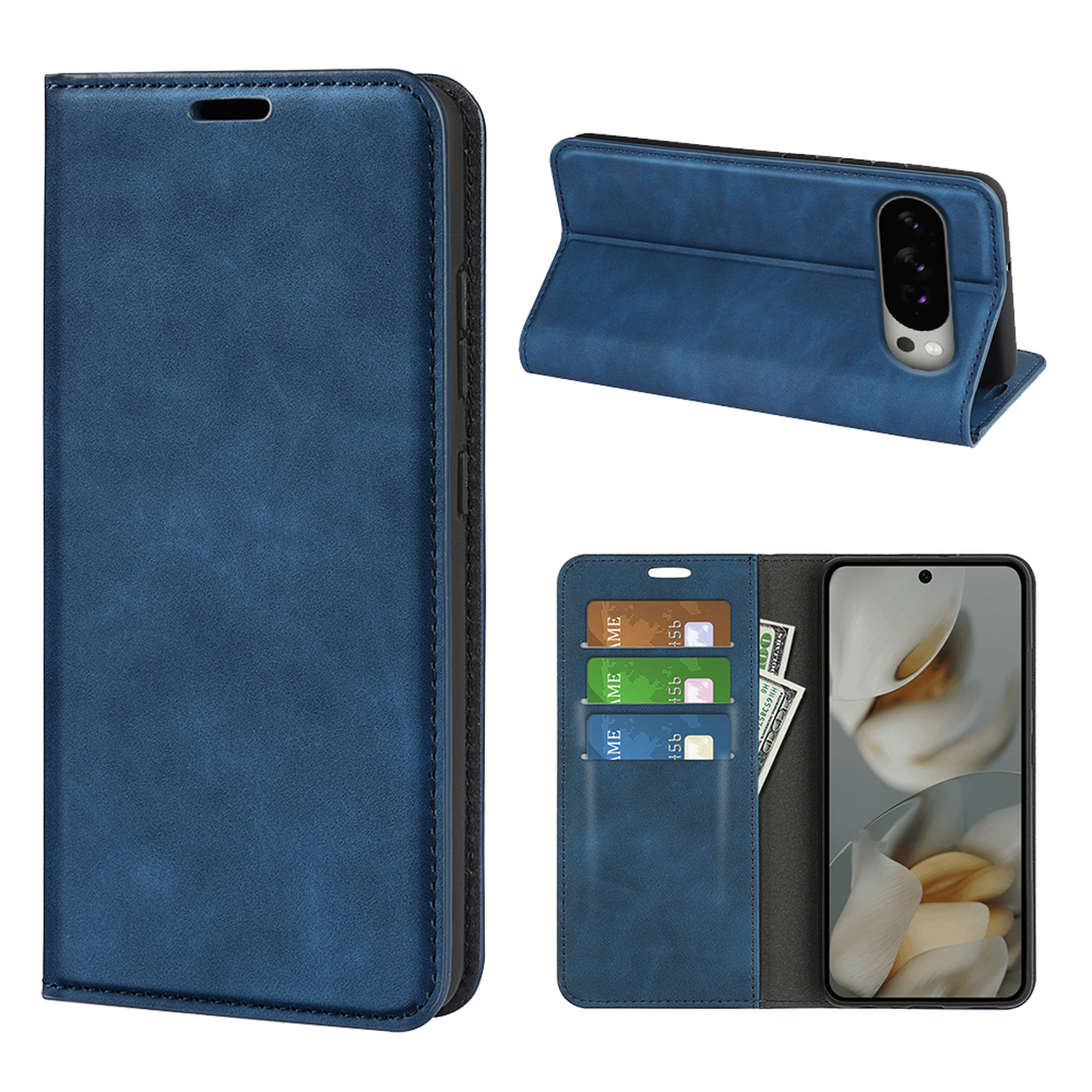 Un étui de téléphone bleu en trois vues : fermé, ouvert et ouvert avec téléphone, cartes et argent.