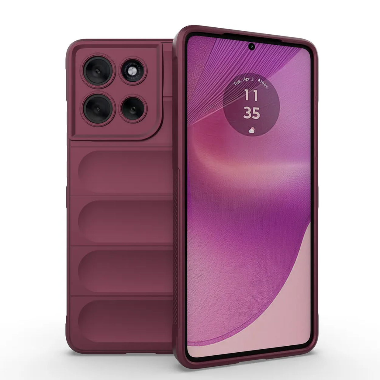 Een bordeauxrode telefoonhoes, met een telefoon die een klok weergeeft. Het staat naast de telefoonhoes.