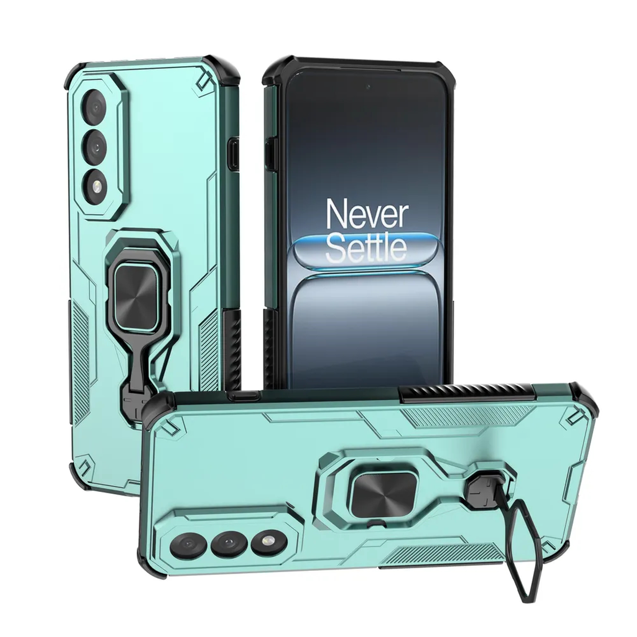 Drie turquoise telefoonhoesjes met zwarte accenten en een telefoon met 'Never Settle'. Hoesjes hebben ringhouders en camera-uitsparingen.