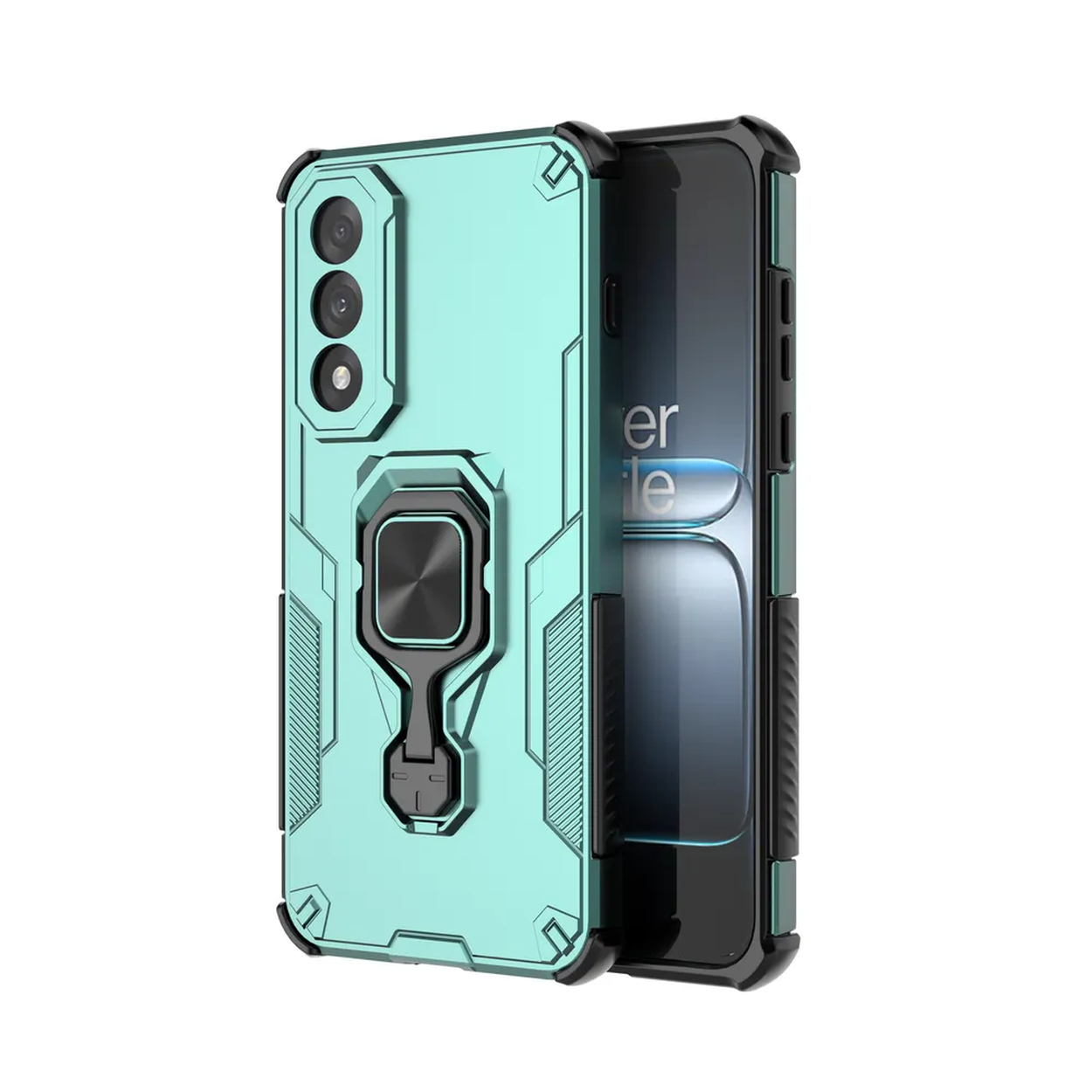 Een turquoise telefoonhoesje met een ringhouder en een telefoon, op een witte achtergrond.