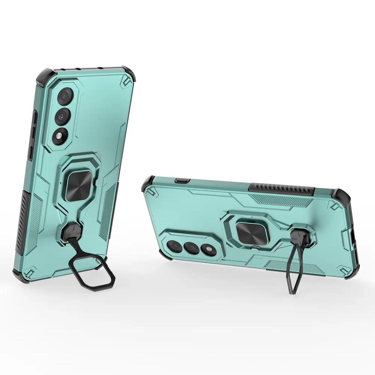 Twee turquoise telefoonhoesjes met een ringhouder en een telefoon, op een witte achtergrond.