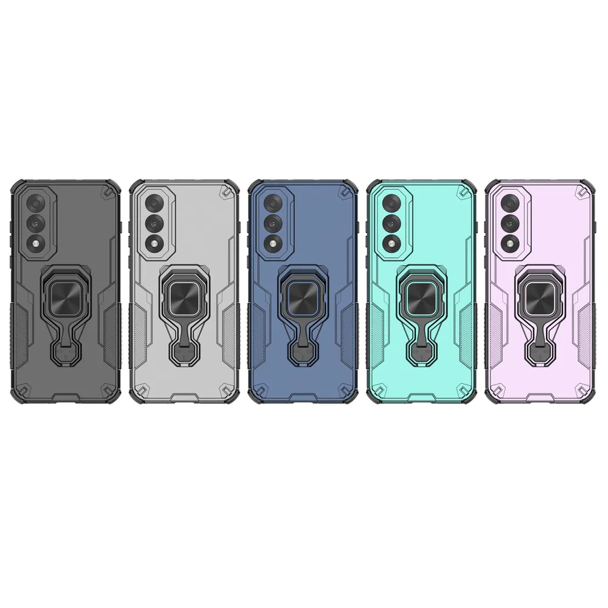 Vijf telefoonhoesjes met ringhouders, in grijs, zilver, blauw, blauwgroen en roze.