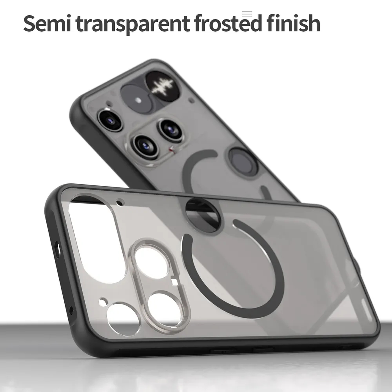 Een telefoonhoesje met een telefoon erin, semi-transparante matte afwerking, met een ring.