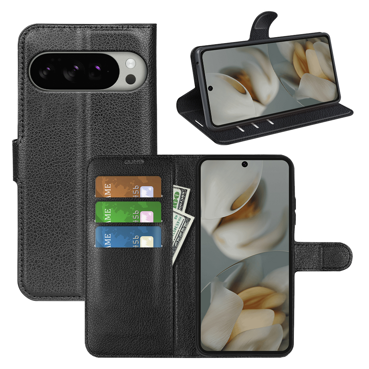 Zwarte leren telefoonhoes met telefoon, kaarten en geld erin. Open en gesloten weergaven.