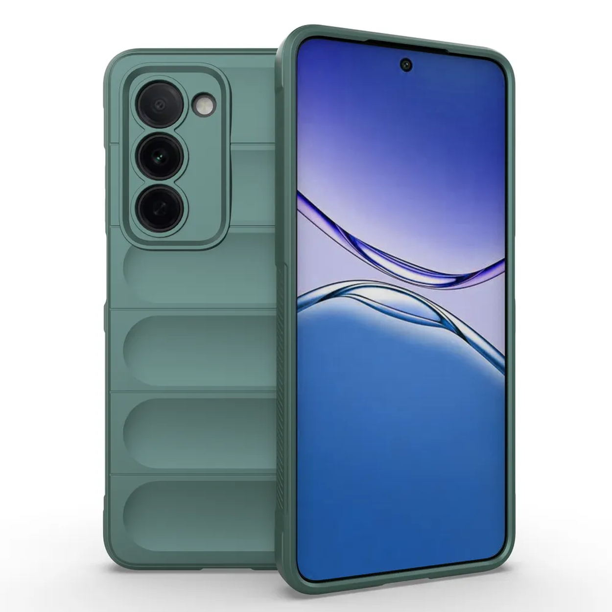 Coque de téléphone et téléphone verts. Le téléphone affiche une image bleue. La coque est à gauche.