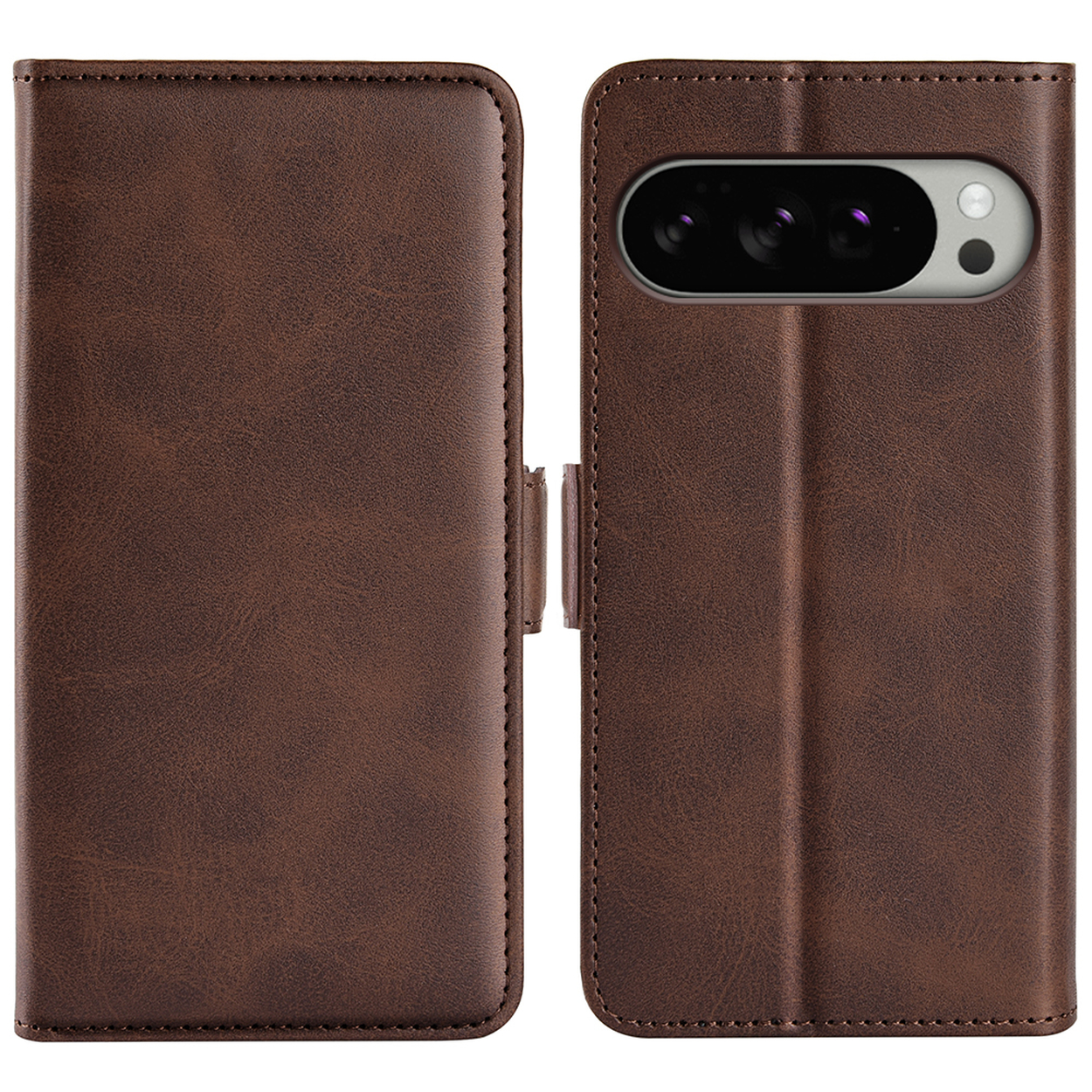 Bruine leren telefoonhoes, open en dicht. De telefoon zit erin en de hoes heeft een magnetische sluiting.