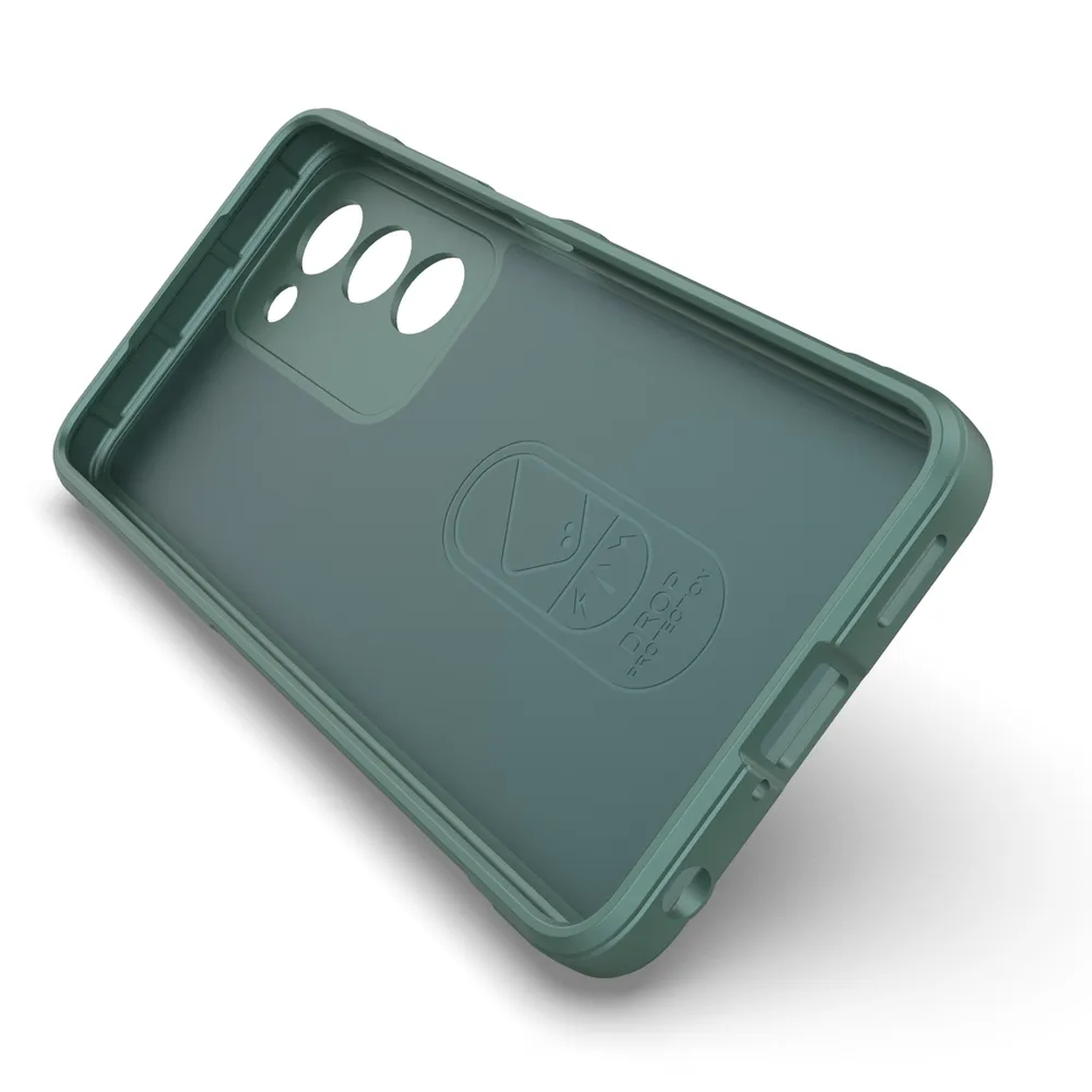 Coque de téléphone verte avec l'intérieur visible. La coque est inclinée.