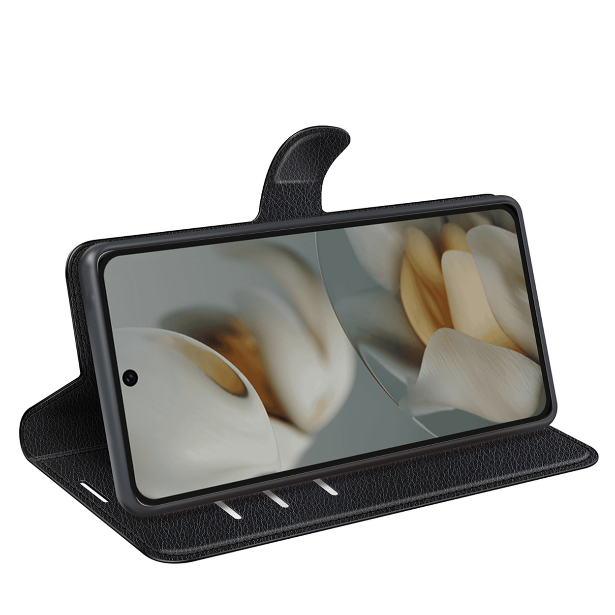Zwarte leren telefoonhoes met een telefoon die een abstracte afbeelding toont. De hoes is open.