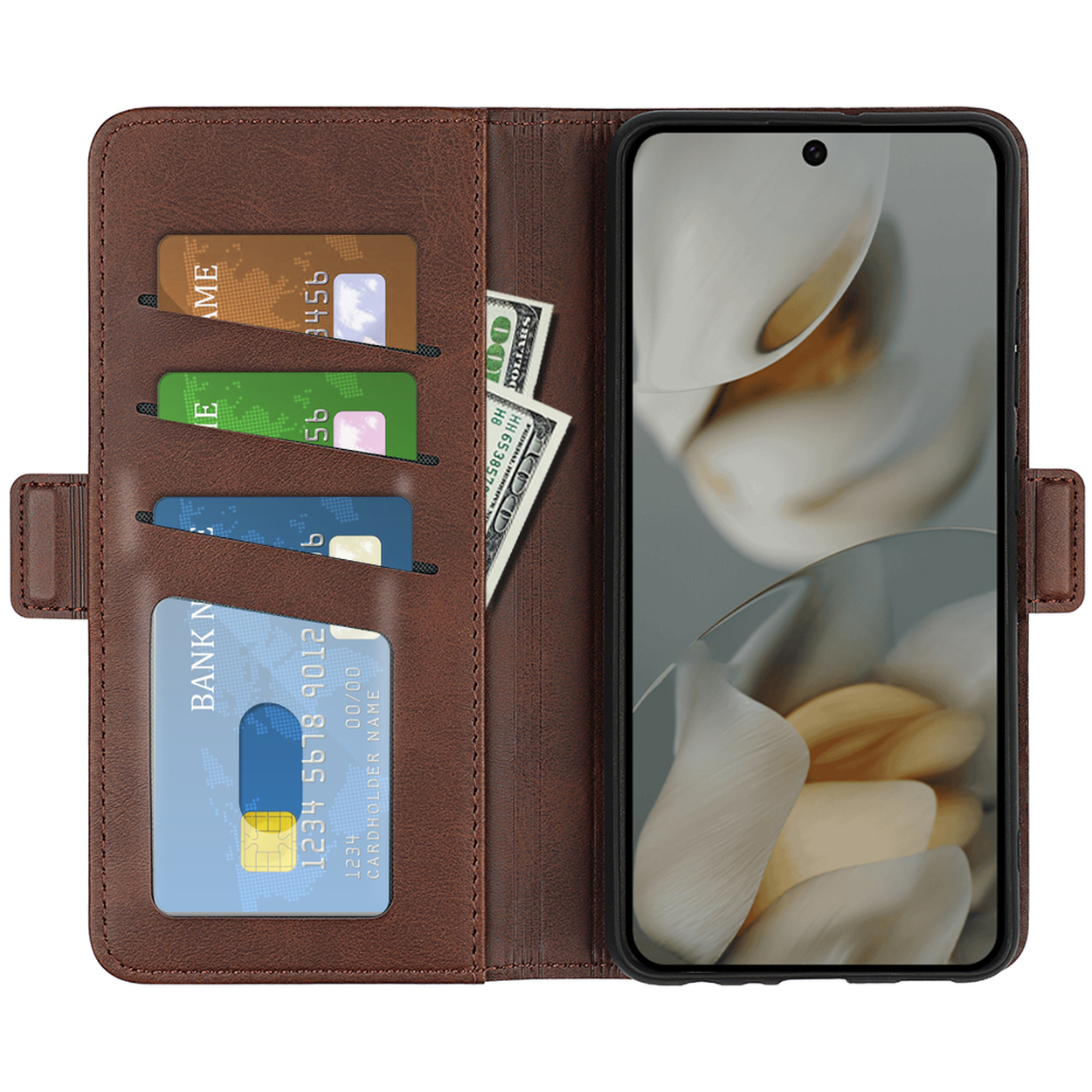Bruine leren telefoonhoes met telefoon, kaarten en geld erin. De hoes is open.