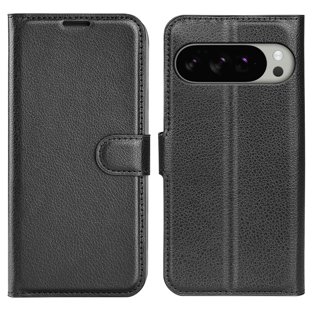Zwarte leren telefoonhoes, open en dicht. De telefoon zit erin en de hoes heeft een magnetische sluiting.
