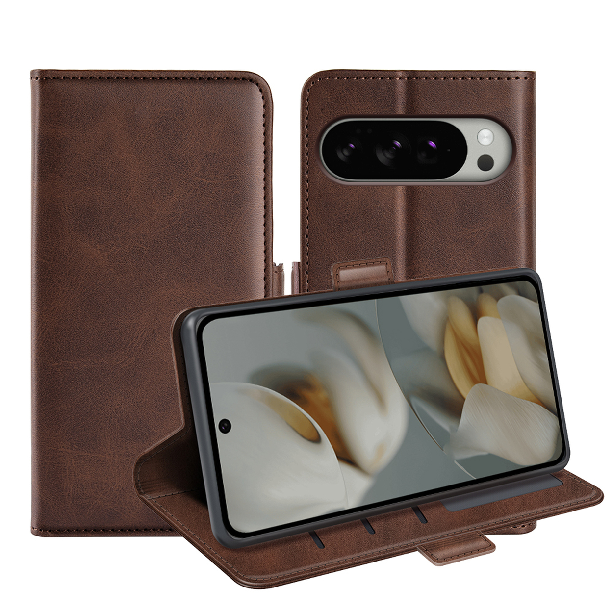 Bruine telefoonhoes met telefoon erin. Het scherm toont een bloemenafbeelding. Witte achtergrond.