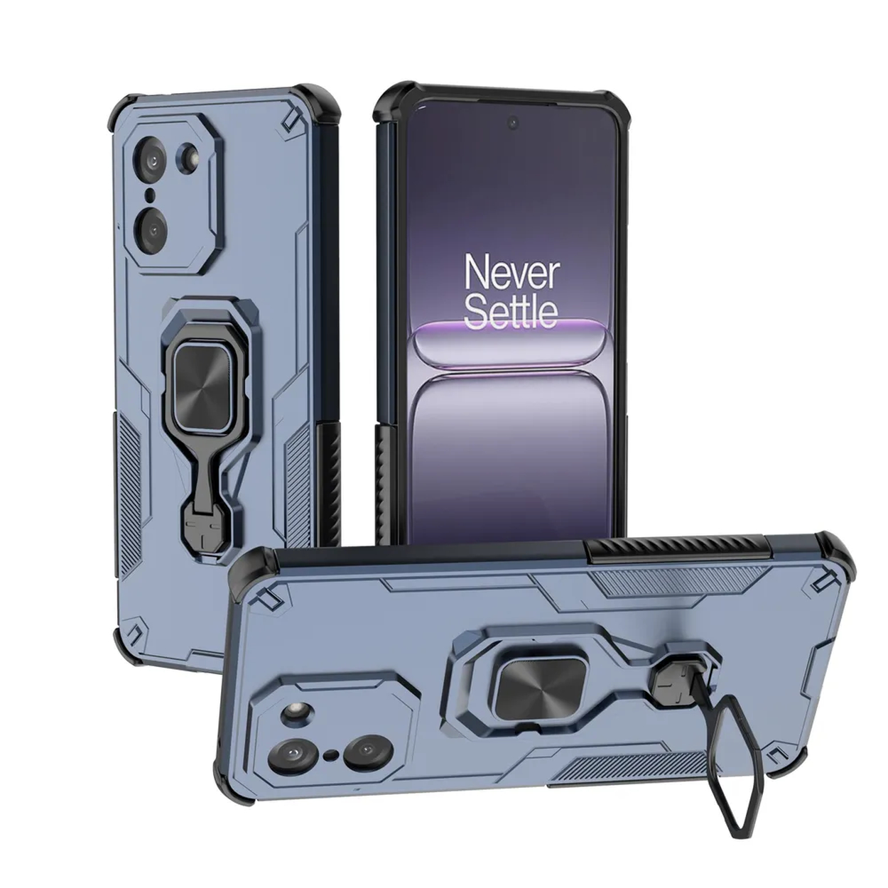 Trois coques bleues avec anneaux. Une avec un téléphone et du texte. Fond blanc.