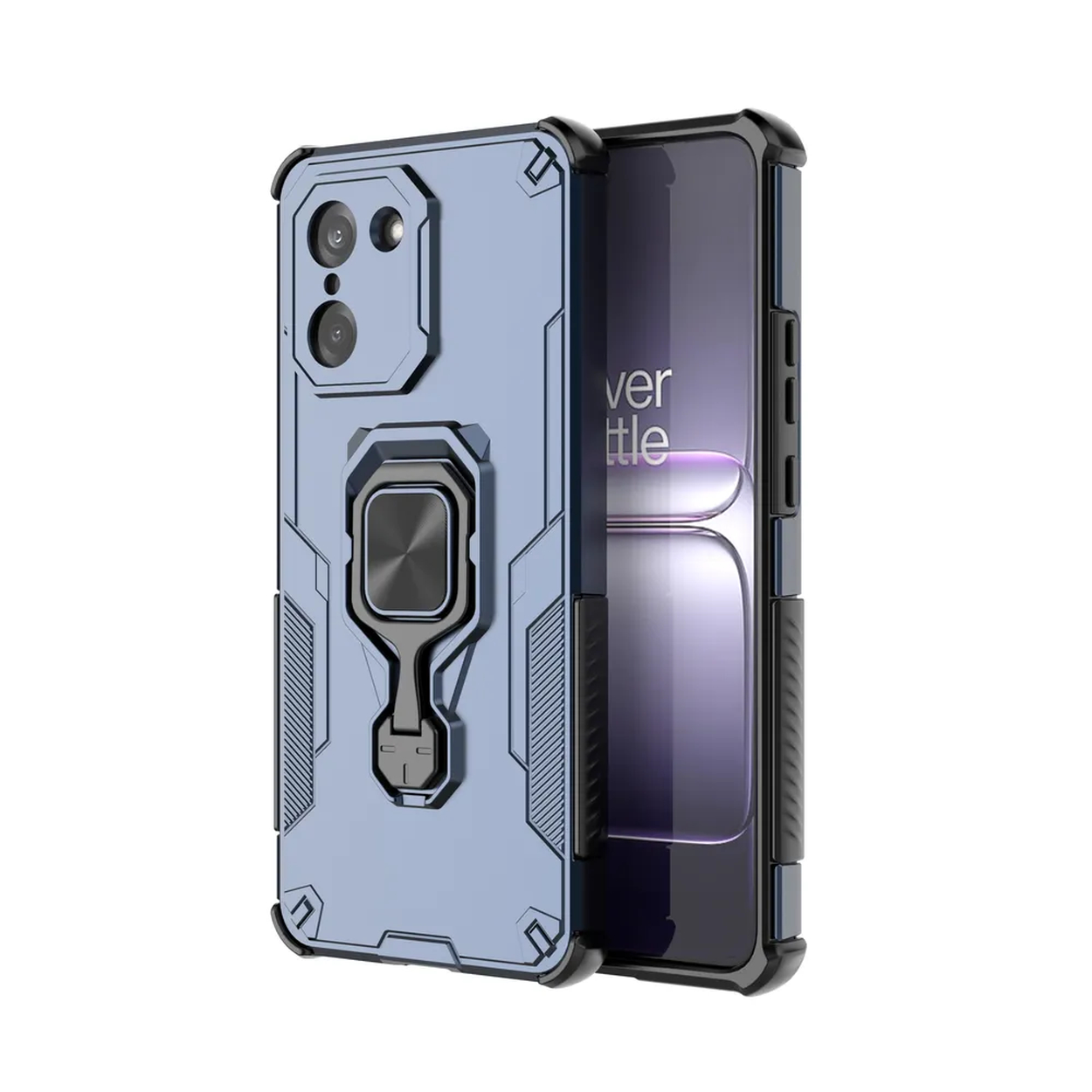 Coque de téléphone bleue et grise avec un téléphone à l'intérieur. La coque a un support d'anneau.