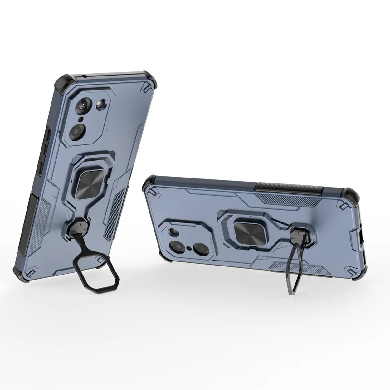 Deux coques de téléphone bleues avec anneaux. Une debout, l'autre couchée. Fond blanc.