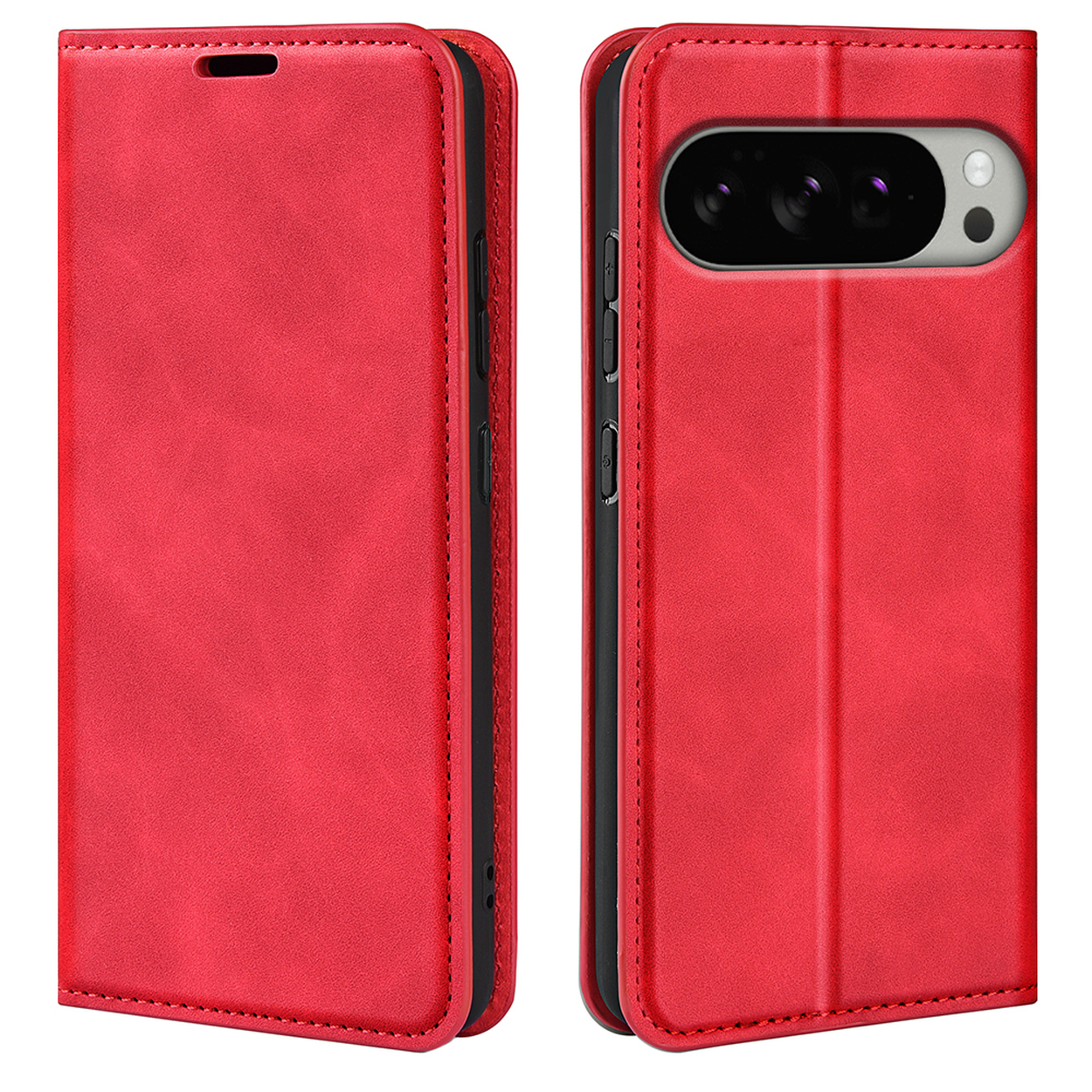 Deux étuis de téléphone rouges. Un fermé et un ouvert. Les deux ont une silhouette de téléphone. Blanc.