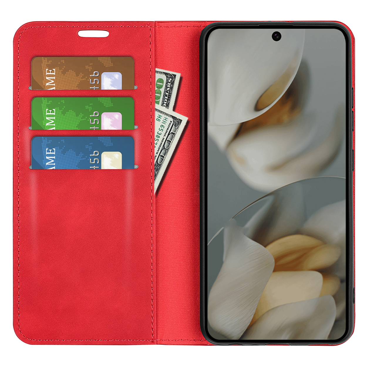 Étui rouge ouvert, avec cartes et téléphone. Écran avec image florale. Fond rouge.