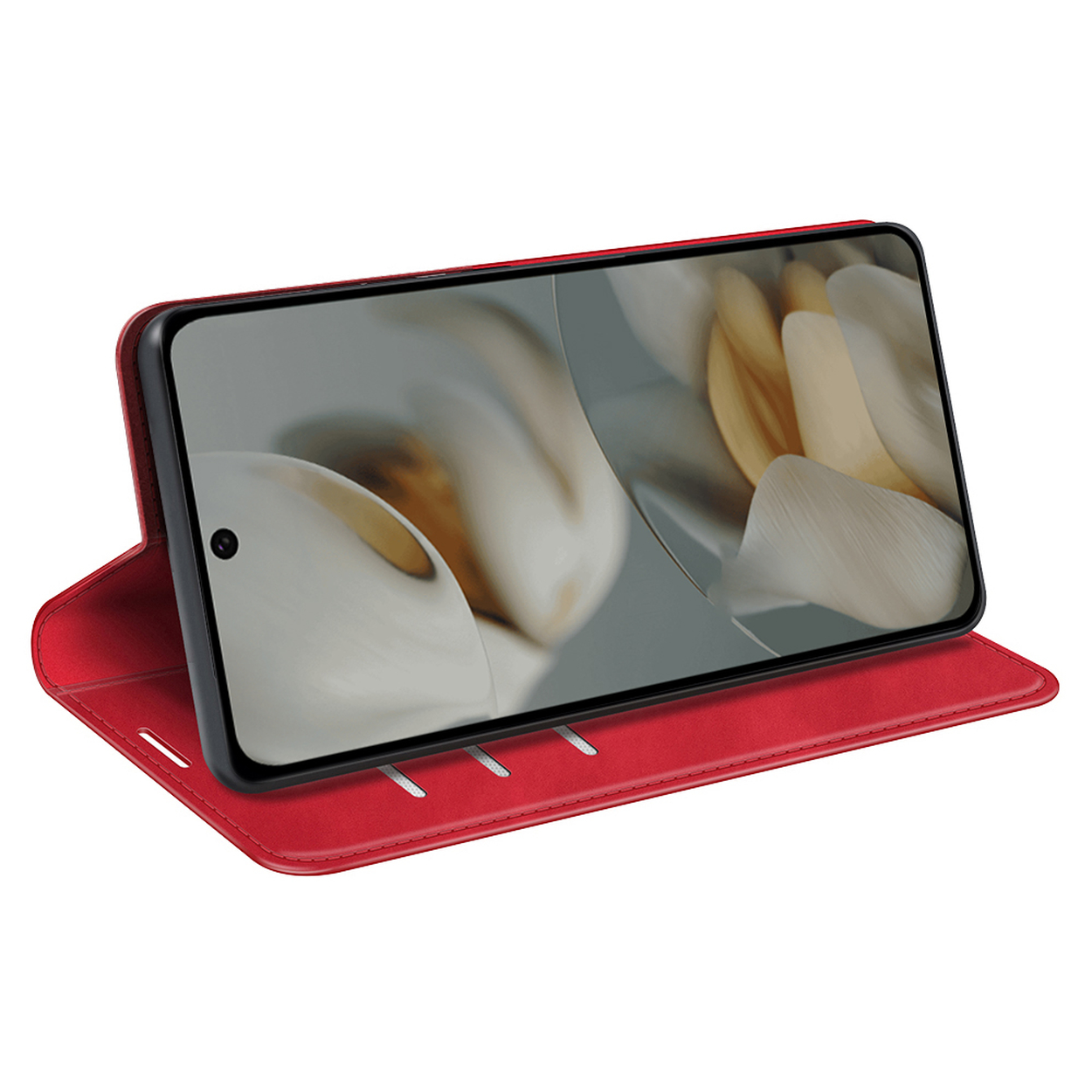 Coque rouge avec téléphone. L'écran affiche une image florale. Étui ouvert. Fond rouge.